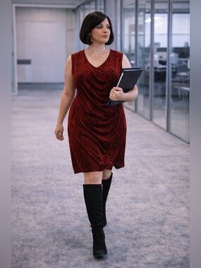 Red houndstooth & black knee length dress.